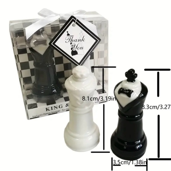 King & Queen Chess Piece Salt and Pepper Shakers - Black & White - Picture 4 of 8